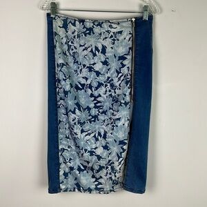 Vintage Guess Midi Stretch Denim Floral Exposd Zipper Y2K M Jean Pencil Skirt